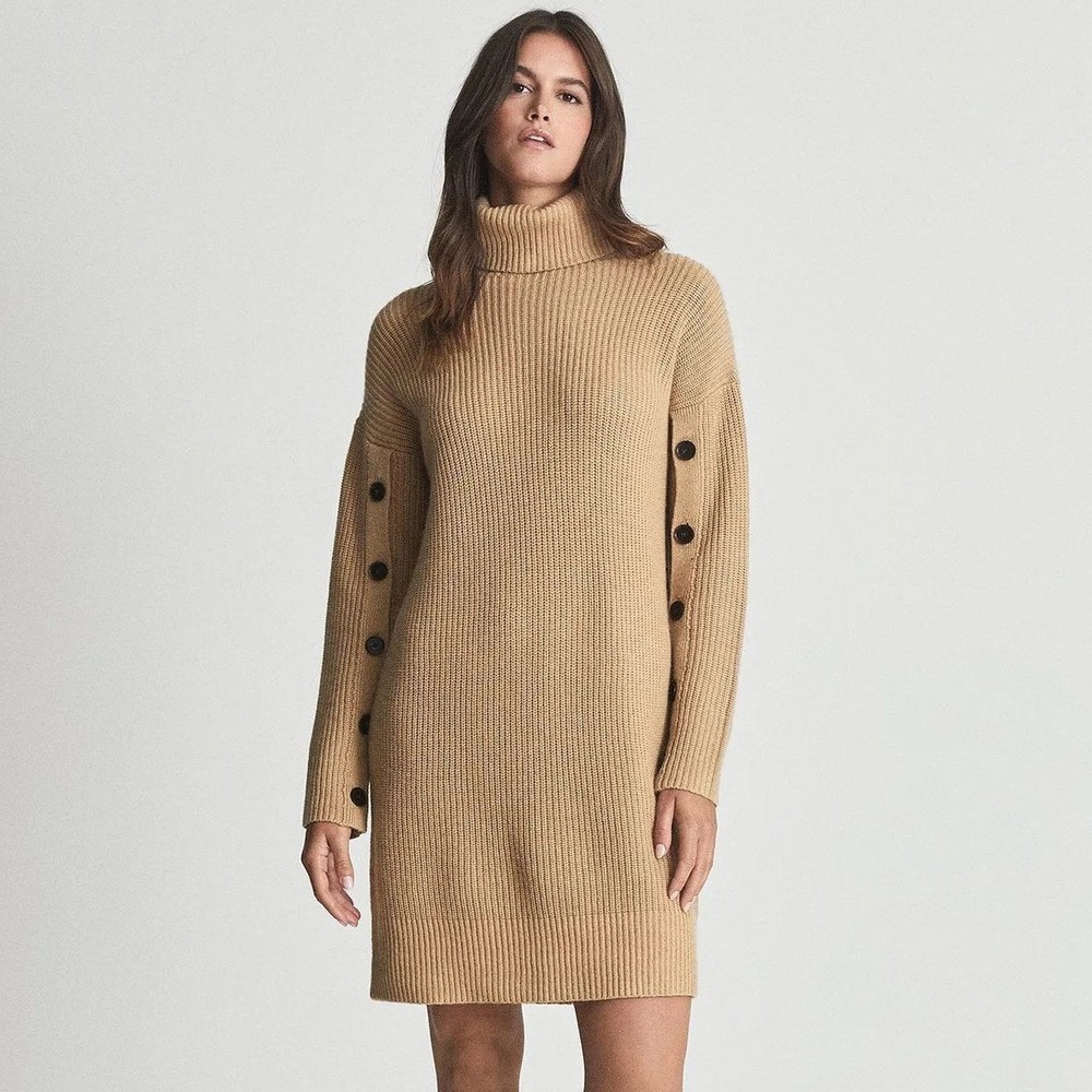 REISS Maggie Button Sleeve Rib Knit Roll Neck Sweater Dress in Camel Size Large